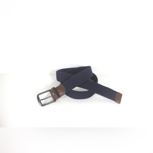Dark Blue Stretch Belt with Dark Brown Leather Silver Buckle, Leather Detail - Picture 2 of 8